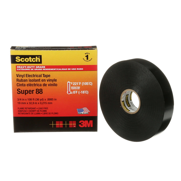 Scotch® Vinyl Electrical Tape Super 88, 3/4 in x 36 yd, Black, 12rolls/carton
