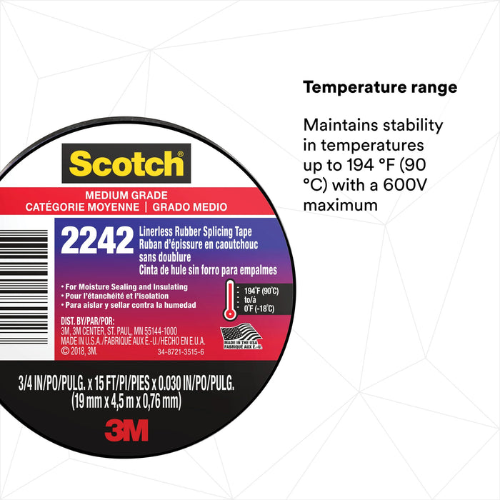 3M Linerless Electrical Rubber Tape 2242, 3/4 in x 15 ft, 1 in core,Black