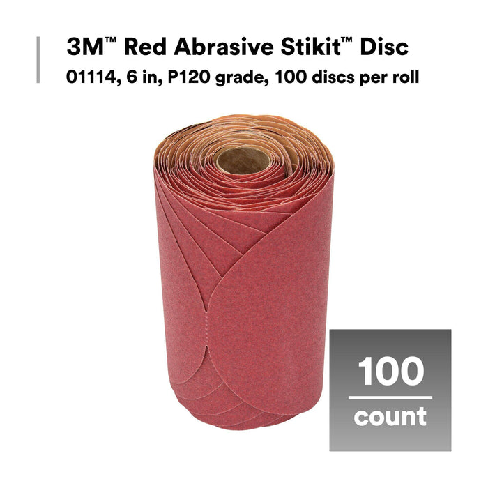 3M Red Abrasive Stikit Disc, 01114, 6 in, P120 grade, 100 discs perroll