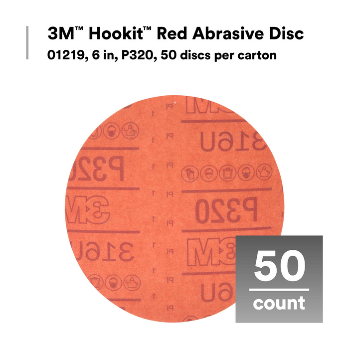 3M Hookit Red Abrasive Disc, 01219, 6 in, P320, 50 discs per carton