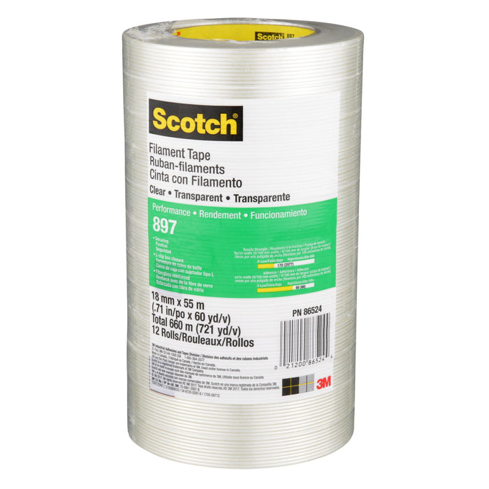Scotch® Filament Tape 897, Clear, 18 mm x 55 m, 5 mil