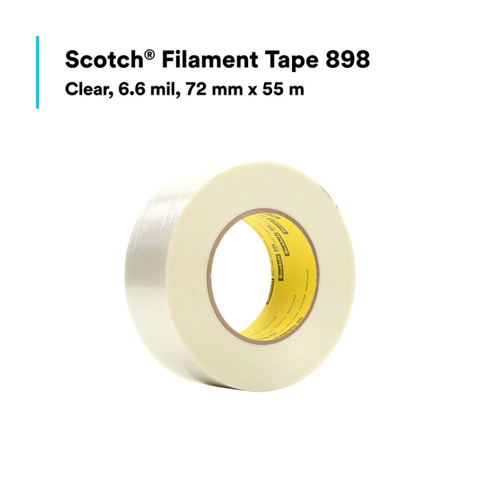 Scotch® Filament Tape 898, Clear, 72 mm x 55 m, 6.6 mil, 12 rolls percase