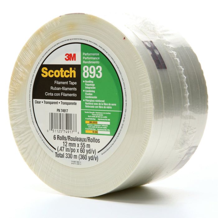 Scotch® Filament Tape 893, Clear, 18 mm x 55 m, 6 mil