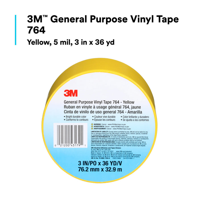 3M General Purpose Vinyl Tape 764, Yellow, 3 in x 36 yd, 5 mil, 12 Roll/Case