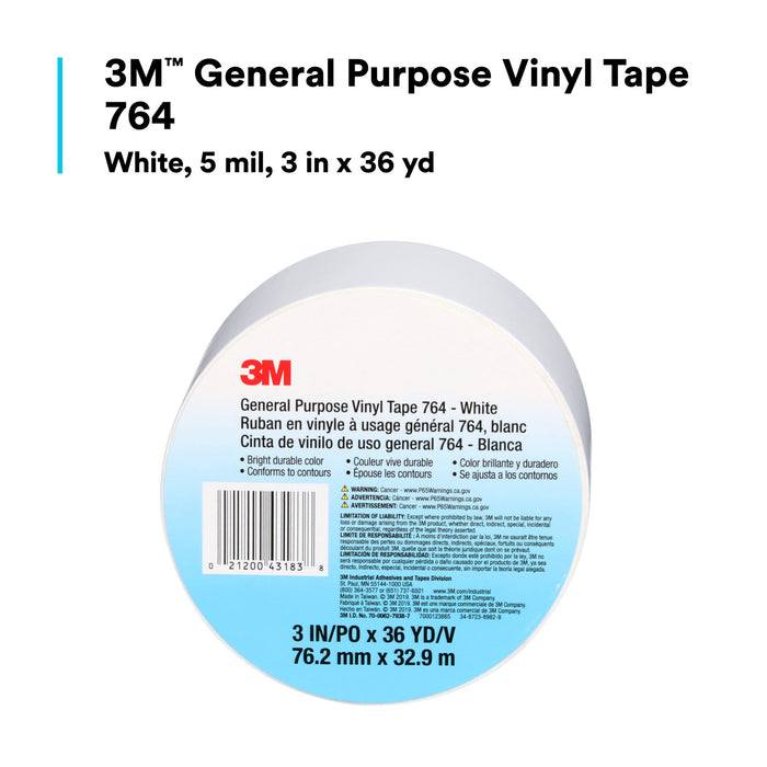 3M General Purpose Vinyl Tape 764, White, 3 in x 36 yd, 5 mil, 12 Roll/Case