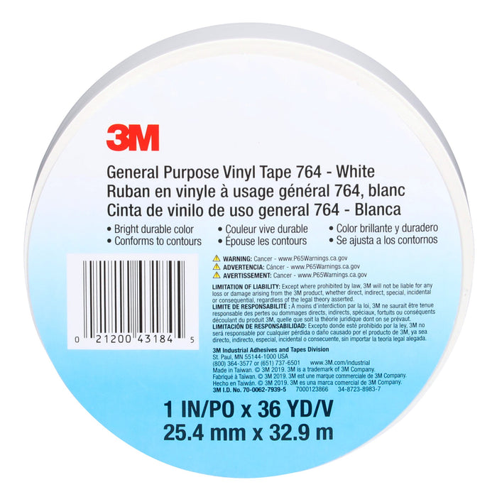 3M General Purpose Vinyl Tape 764, White, 1 in x 36 yd, 5 mil, 36 Roll/Case