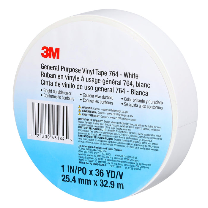 3M General Purpose Vinyl Tape 764, White, 1 in x 36 yd, 5 mil, 36 Roll/Case