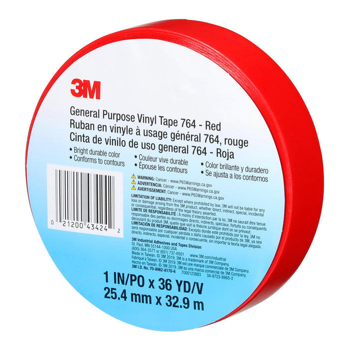 3M General Purpose Vinyl Tape 764, Red, 1 in x 36 yd, 5 mil, 36 Roll/Case