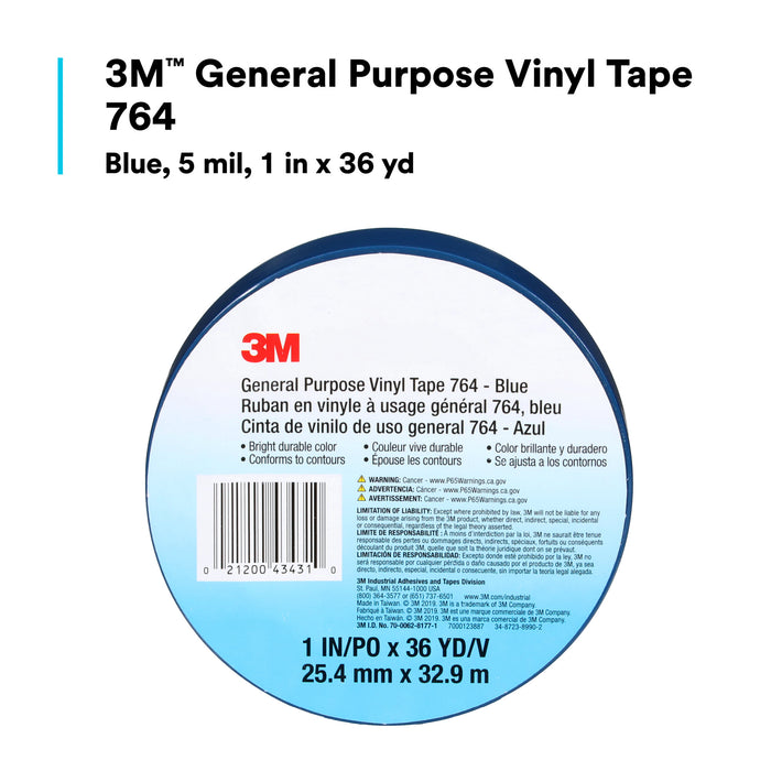 3M General Purpose Vinyl Tape 764, Blue, 1 in x 36 yd, 5 mil, 36 Roll/Case