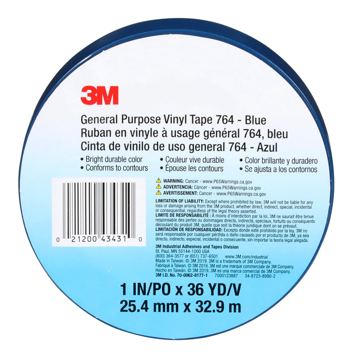 3M General Purpose Vinyl Tape 764, Blue, 1 in x 36 yd, 5 mil, 36 Roll/Case