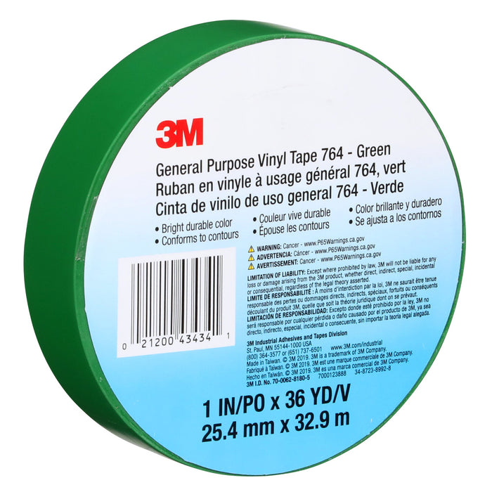 3M General Purpose Vinyl Tape 764, Green, 1 in x 36 yd, 5 mil, 36 Roll/Case