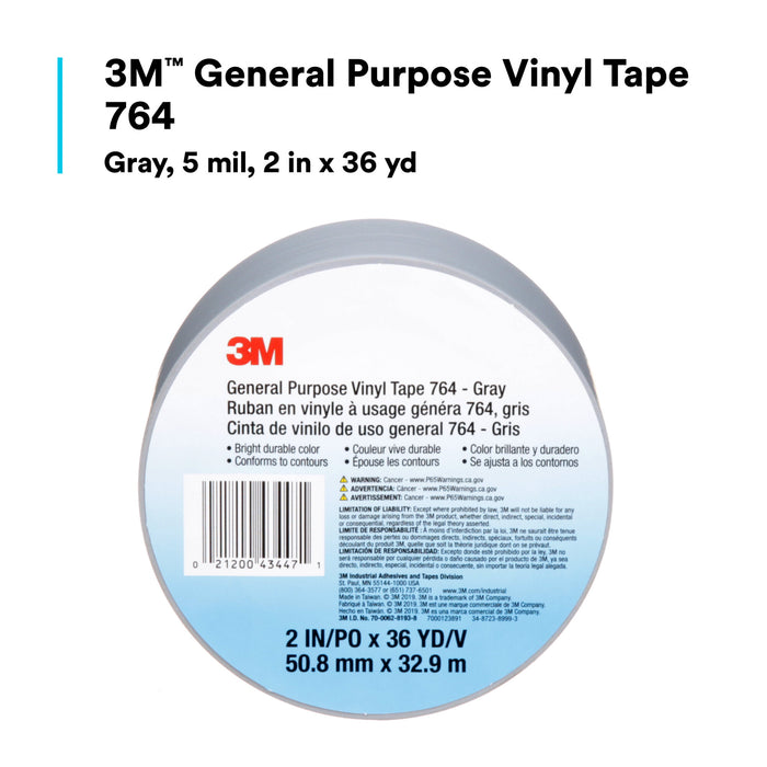 3M General Purpose Vinyl Tape 764, Gray, 2 in x 36 yd, 5 mil, 24 Roll/Case