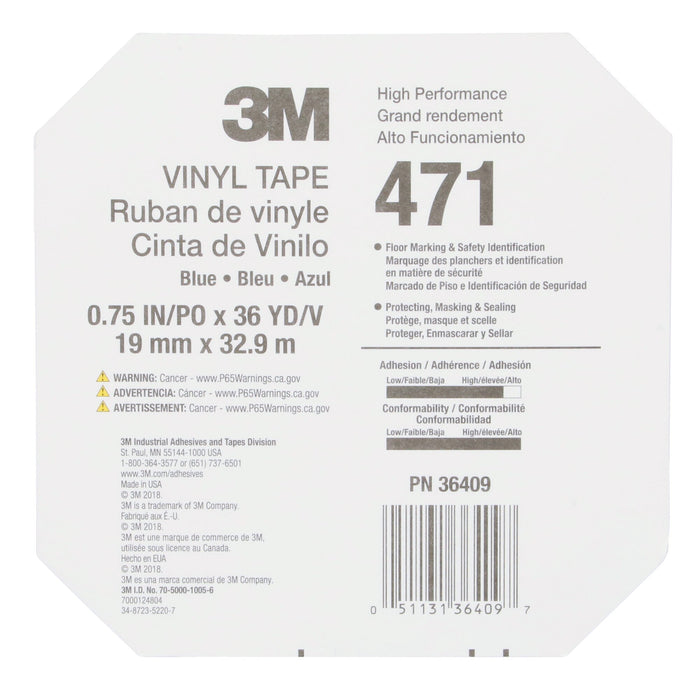 3M Vinyl Tape 471, Blue, 3/4 in x 36 yd, 48 Roll/Case