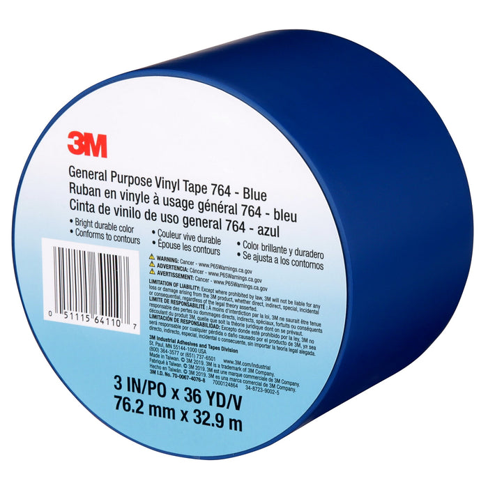 3M General Purpose Vinyl Tape 764, Blue, 3 in x 36 yd, 5 mil, 12 Roll/Case