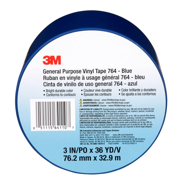 3M General Purpose Vinyl Tape 764, Blue, 3 in x 36 yd, 5 mil, 12 Roll/Case