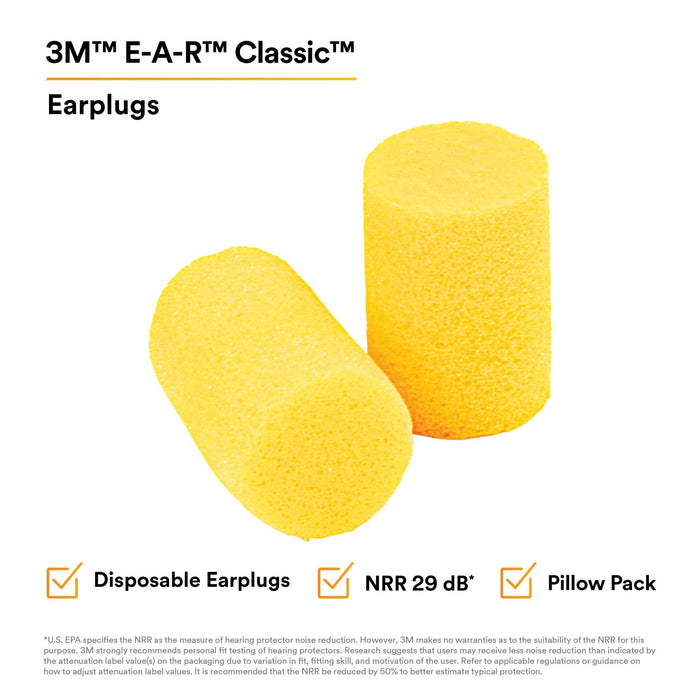 3M E-A-R Classic Earplugs 310-1103, Uncorded, Small Size, PillowPack