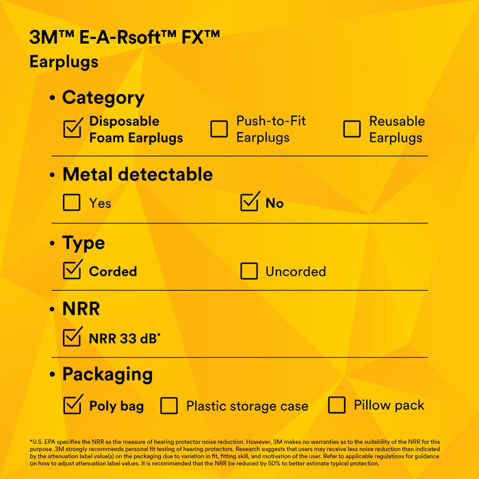 3M E-A-Rsoft FX Earplugs 312-1260, Corded, Poly Bag