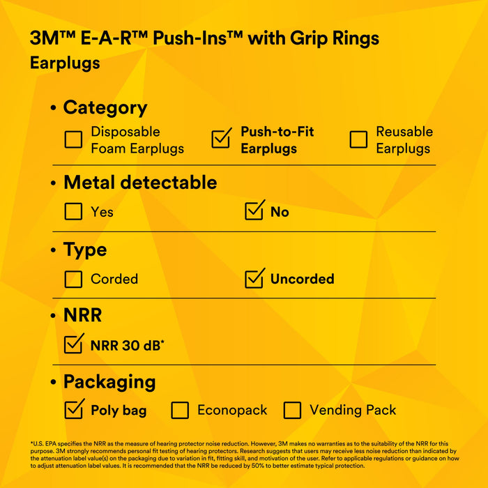 3M E-A-R Push-Ins Earplugs 318-1008, with Grip Rings, Uncorded, PolyBag