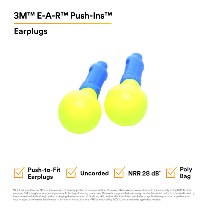 3M E-A-R Push-Ins Earplugs 318-1004, Uncorded, Poly Bag