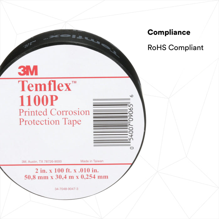 3M Temflex Vinyl Corrosion Protection Tape 1100, 2 in x 100 ft,Printed, Black