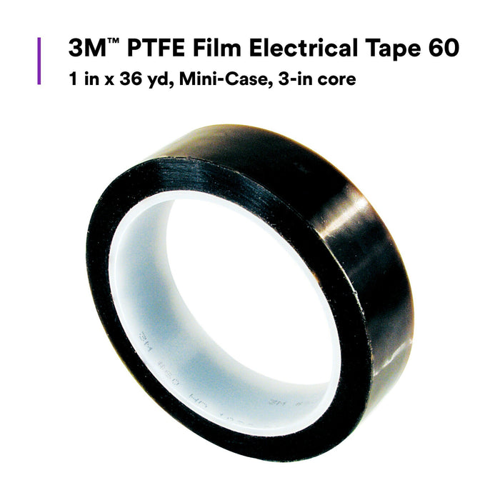 3M PTFE Film Electrical Tape 60, 1 in x 36 yd, Mini-Case, 3-in core