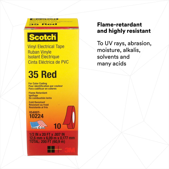 Scotch® Vinyl Color Coding Electrical Tape 35, 1/2 in x 20 ft, Red