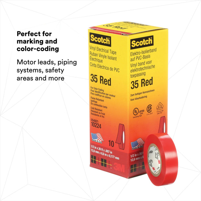 Scotch® Vinyl Color Coding Electrical Tape 35, 1/2 in x 20 ft, Red