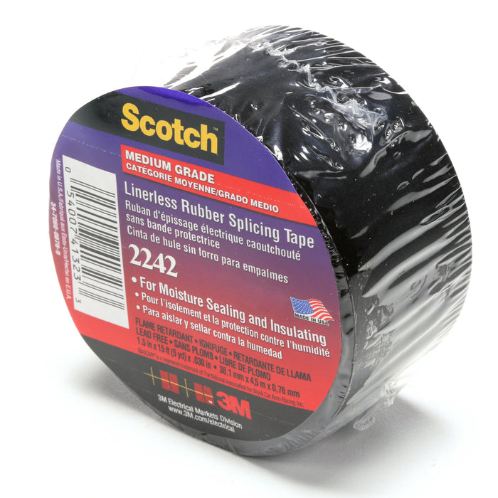 3M Linerless Electrical Rubber Tape 2242, 1-1/2 in x 15 ft, 1 in core,Black