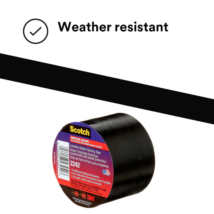 3M Linerless Electrical Rubber Tape 2242, 2 in x 15 ft, 1 in core,Black
