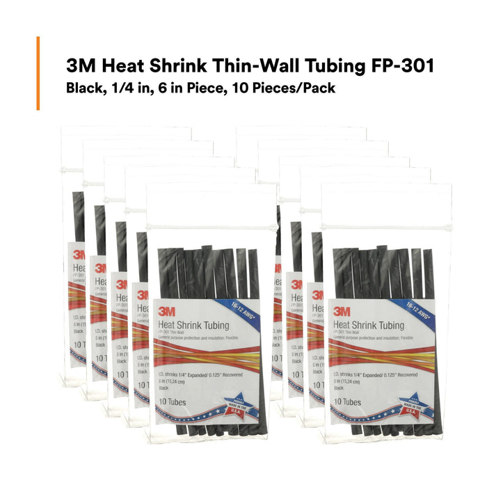 3M Heat Shrink Thin-Wall Tubing FP-301-1/4-6"-Black-10-10 Pc Pks
