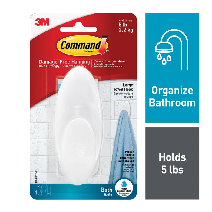 Command Large Towel Hook with Water-Resistant Strips BATH17-ES ClearFrosted