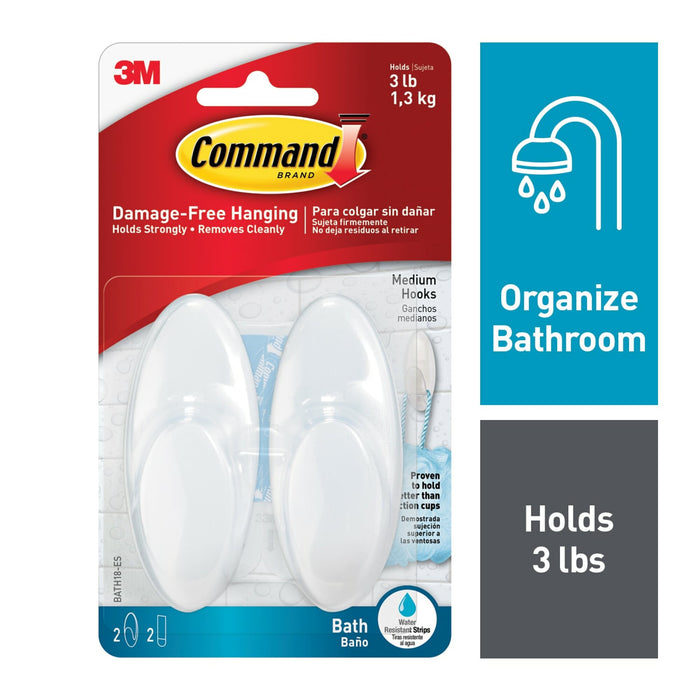 Command Medium Bath Hooks with Water-Resistant Strips BATH18-ES