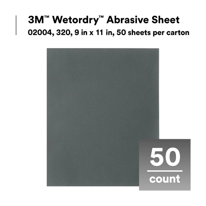 3M Wetordry Abrasive Sheet 413Q, 02004, 320, 9 in x 11 in, 50 sheetsper carton