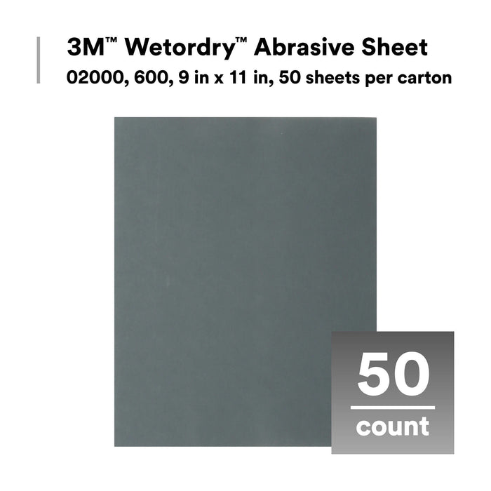 3M Wetordry Abrasive Sheet 413Q, 02000, 600, 9 in x 11 in, 50 sheetsper carton