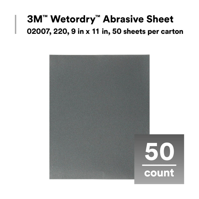 3M Wetordry Abrasive Sheet 413Q, 02007, 220, 9 in x 11 in, 50 sheetsper carton