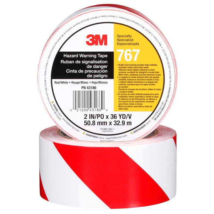 3M Safety Stripe Vinyl Tape 767, Red/White, 2 in x 36 yd, 5 mil, 24Roll/Case