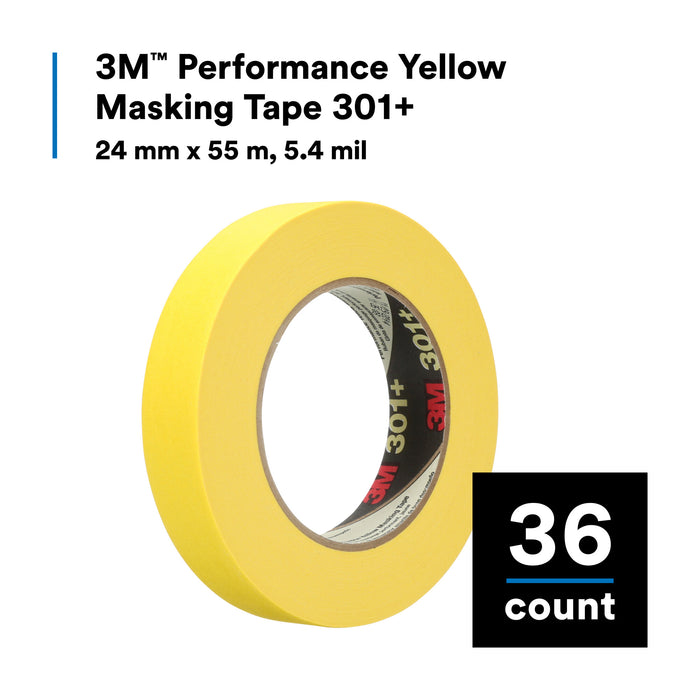 3M Performance Yellow Masking Tape 301+, 36 mm x 55 m, 24 Roll/Case