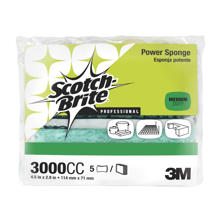 Scotch-Brite Power Sponge 3000CC, 2.8 in x 4.5 in x 0.6 in, 5/Pack
