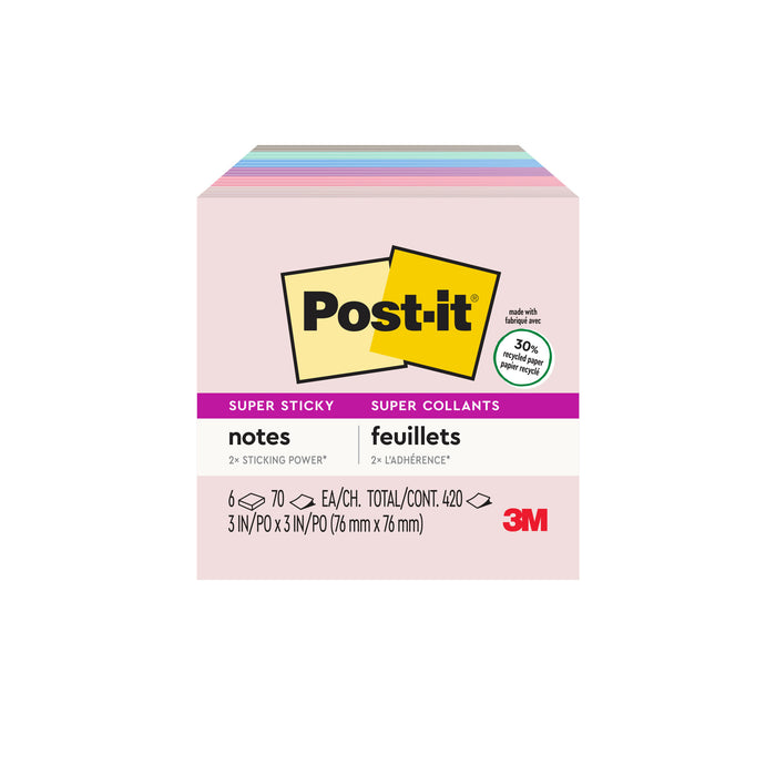 Post-it® Super Sticky Recycled Notes 654-6SSNRP, 3 in x 3 in (76 mm x 76 mm)