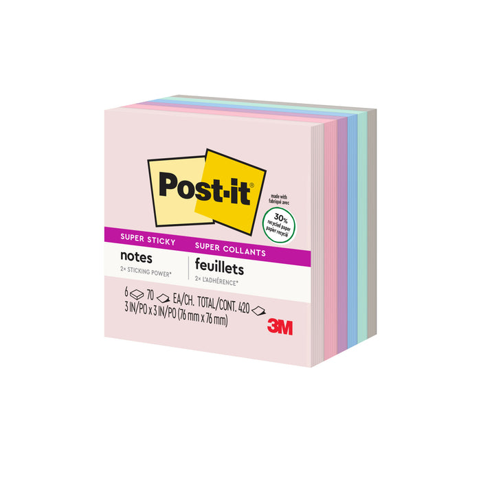 Post-it® Super Sticky Recycled Notes 654-6SSNRP, 3 in x 3 in (76 mm x 76 mm)
