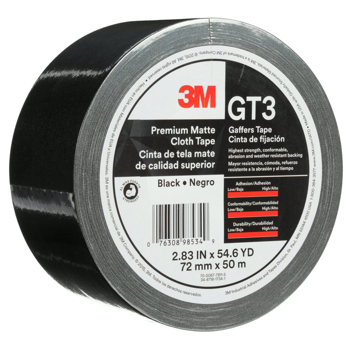 3M Premium Matte Cloth (Gaffers) Tape GT3, Black, 72 mm x 50 m, 11 mil