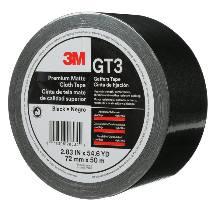 3M Premium Matte Cloth (Gaffers) Tape GT3, Black, 72 mm x 50 m, 11 mil
