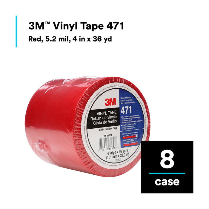 3M Vinyl Tape 471, Red, 4 in x 36 yd, 5.2 mil, 8 Roll/Case