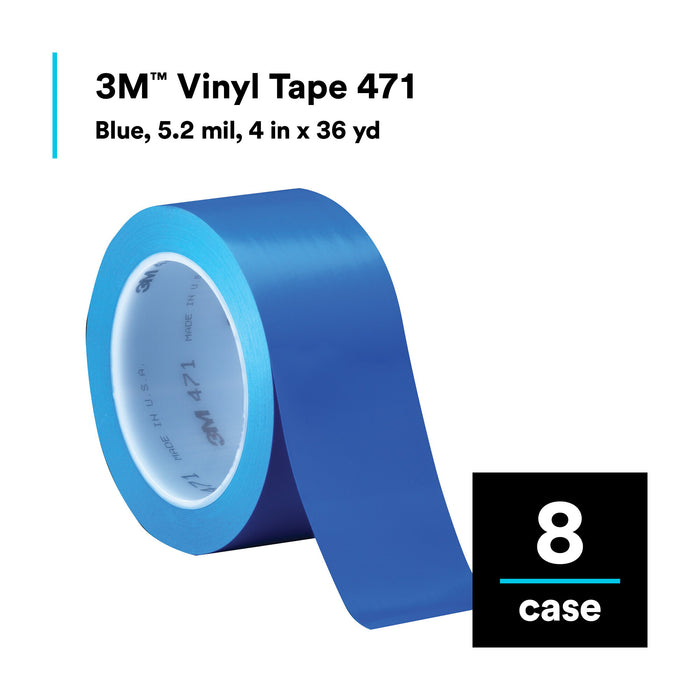 3M Vinyl Tape 471, Blue, 4 in x 36 yd, 5.2 mil, 8 Roll/Case