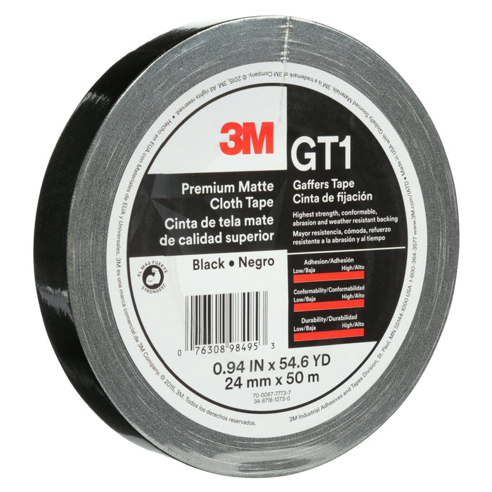 3M Premium Matte Cloth (Gaffers) Tape GT1, Black, 24 mm x 50 m, 11 mil