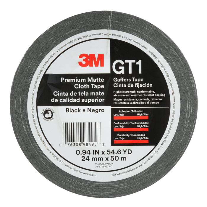 3M Premium Matte Cloth (Gaffers) Tape GT1, Black, 24 mm x 50 m, 11 mil