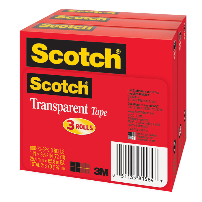 Scotch® Transparent Tape 600-72-3PK, 1 in x 2592 in (25,4 mm x 65,8) 3PK