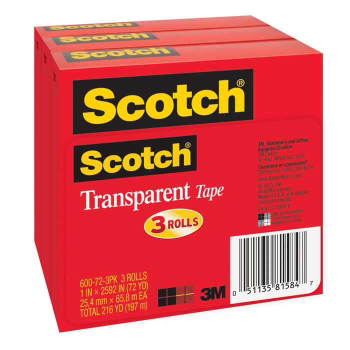 Scotch® Transparent Tape 600-72-3PK, 1 in x 2592 in (25,4 mm x 65,8) 3PK