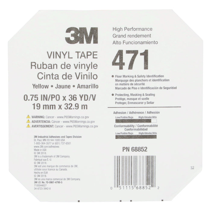 3M Vinyl Tape 471, Yellow, 3/4 in x 36 yd, 5.2 mil