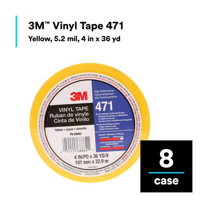 3M Vinyl Tape 471, Yellow, 4 in x 36 yd, 5.2 mil, 8 Roll/Case